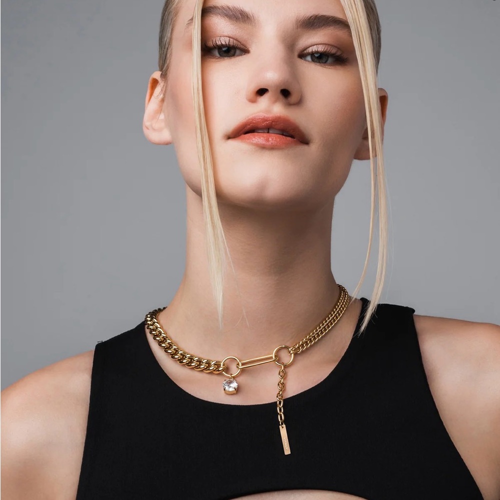 Gold Layered Chain Necklace with Clear Crystal Drop - Picture 3 of 5